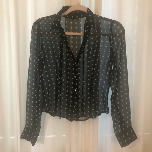 Sheer black polka dot button up blouse with collar and tie - Picture 1 of 4